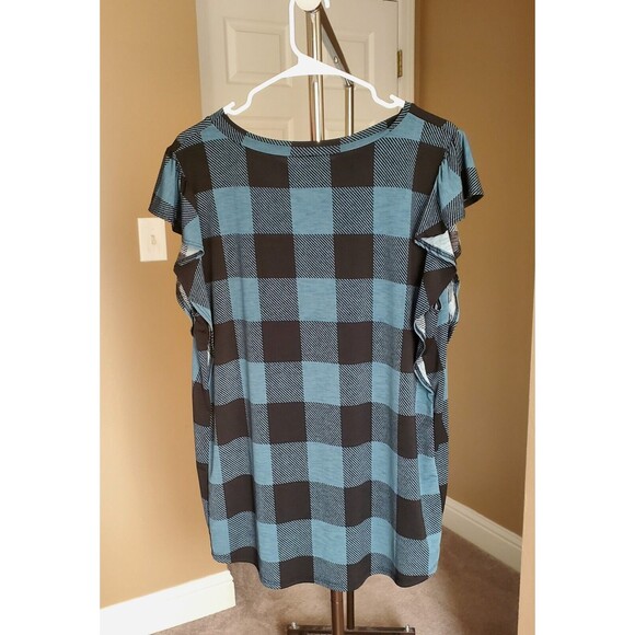 Sew In Love Top Womens XL Teal Plaid Elongated Ruffle Sleeve - Picture 2 of 7